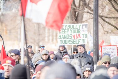 6 Şubat 2022 Toronto Anti Vax protestosu Queens Park 'ta. Kamyon konvoyu protestocuları, zorunlu olmayan gösterilerle dayanışma içinde olmak üzere arka arkaya ikinci hafta sonu için Queen 's Park, Toronto' da toplandılar.. 