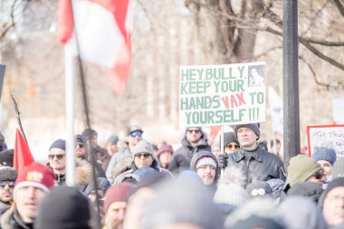6 Şubat 2022 Toronto Anti Vax protestosu Queens Park 'ta. Kamyon konvoyu protestocuları, zorunlu olmayan gösterilerle dayanışma içinde olmak üzere arka arkaya ikinci hafta sonu için Queen 's Park, Toronto' da toplandılar.. 