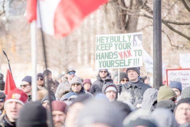 6 Şubat 2022 Toronto Anti Vax protestosu Queens Park 'ta. Kamyon konvoyu protestocuları, zorunlu olmayan gösterilerle dayanışma içinde olmak üzere arka arkaya ikinci hafta sonu için Queen 's Park, Toronto' da toplandılar.. 