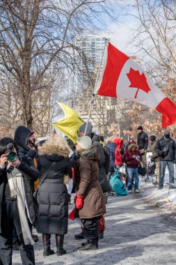 6 Şubat 2022 Toronto Anti Vax protestosu Queens Park 'ta. Kamyon konvoyu protestocuları, zorunlu olmayan gösterilerle dayanışma içinde olmak üzere arka arkaya ikinci hafta sonu için Queen 's Park, Toronto' da toplandılar.. 