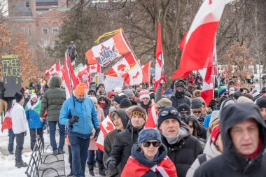 6 Şubat 2022 Toronto Anti Vax protestosu Queens Park 'ta. Kamyon konvoyu protestocuları, zorunlu olmayan gösterilerle dayanışma içinde olmak üzere arka arkaya ikinci hafta sonu için Queen 's Park, Toronto' da toplandılar.. 