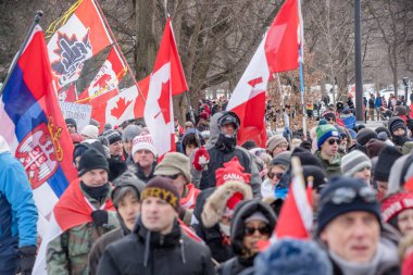 6 Şubat 2022 Toronto Anti Vax protestosu Queens Park 'ta. Kamyon konvoyu protestocuları, zorunlu olmayan gösterilerle dayanışma içinde olmak üzere arka arkaya ikinci hafta sonu için Queen 's Park, Toronto' da toplandılar.. 