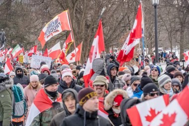 6 Şubat 2022 Toronto Anti Vax protestosu Queens Park 'ta. Kamyon konvoyu protestocuları, zorunlu olmayan gösterilerle dayanışma içinde olmak üzere arka arkaya ikinci hafta sonu için Queen 's Park, Toronto' da toplandılar.. 