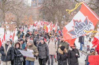 6 Şubat 2022 Toronto Anti Vax protestosu Queens Park 'ta. Kamyon konvoyu protestocuları, zorunlu olmayan gösterilerle dayanışma içinde olmak üzere arka arkaya ikinci hafta sonu için Queen 's Park, Toronto' da toplandılar.. 