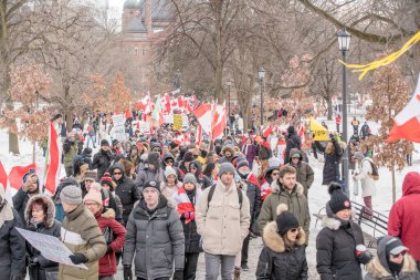 6 Şubat 2022 Toronto Anti Vax protestosu Queens Park 'ta. Kamyon konvoyu protestocuları, zorunlu olmayan gösterilerle dayanışma içinde olmak üzere arka arkaya ikinci hafta sonu için Queen 's Park, Toronto' da toplandılar.. 