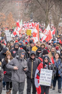 6 Şubat 2022 Toronto Anti Vax protestosu Queens Park 'ta. Kamyon konvoyu protestocuları, zorunlu olmayan gösterilerle dayanışma içinde olmak üzere arka arkaya ikinci hafta sonu için Queen 's Park, Toronto' da toplandılar.. 