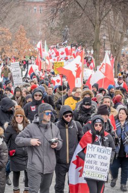 6 Şubat 2022 Toronto Anti Vax protestosu Queens Park 'ta. Kamyon konvoyu protestocuları, zorunlu olmayan gösterilerle dayanışma içinde olmak üzere arka arkaya ikinci hafta sonu için Queen 's Park, Toronto' da toplandılar.. 