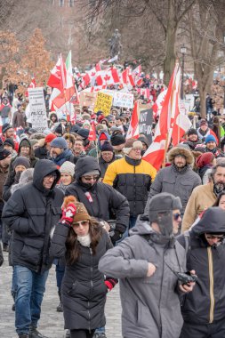 6 Şubat 2022 Toronto Anti Vax protestosu Queens Park 'ta. Kamyon konvoyu protestocuları, zorunlu olmayan gösterilerle dayanışma içinde olmak üzere arka arkaya ikinci hafta sonu için Queen 's Park, Toronto' da toplandılar.. 