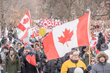 6 Şubat 2022 Toronto Anti Vax protestosu Queens Park 'ta. Kamyon konvoyu protestocuları, zorunlu olmayan gösterilerle dayanışma içinde olmak üzere arka arkaya ikinci hafta sonu için Queen 's Park, Toronto' da toplandılar.. 