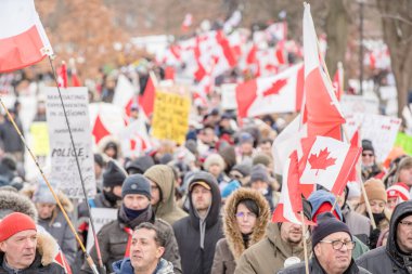 6 Şubat 2022 Toronto Anti Vax protestosu Queens Park 'ta. Kamyon konvoyu protestocuları, zorunlu olmayan gösterilerle dayanışma içinde olmak üzere arka arkaya ikinci hafta sonu için Queen 's Park, Toronto' da toplandılar.. 