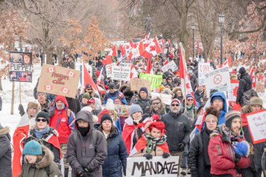 6 Şubat 2022 Toronto Anti Vax protestosu Queens Park 'ta. Kamyon konvoyu protestocuları, zorunlu olmayan gösterilerle dayanışma içinde olmak üzere arka arkaya ikinci hafta sonu için Queen 's Park, Toronto' da toplandılar.. 