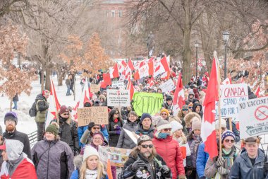 6 Şubat 2022 Toronto Anti Vax protestosu Queens Park 'ta. Kamyon konvoyu protestocuları, zorunlu olmayan gösterilerle dayanışma içinde olmak üzere arka arkaya ikinci hafta sonu için Queen 's Park, Toronto' da toplandılar.. 