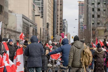 6 Şubat 2022 Toronto Anti Vax protestosu Queens Park 'ta. Kamyon konvoyu protestocuları, zorunlu olmayan gösterilerle dayanışma içinde olmak üzere arka arkaya ikinci hafta sonu için Queen 's Park, Toronto' da toplandılar.. 
