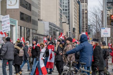 6 Şubat 2022 Toronto Anti Vax protestosu Queens Park 'ta. Kamyon konvoyu protestocuları, zorunlu olmayan gösterilerle dayanışma içinde olmak üzere arka arkaya ikinci hafta sonu için Queen 's Park, Toronto' da toplandılar.. 