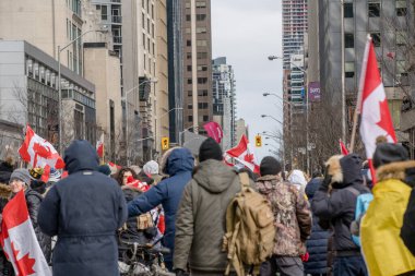 6 Şubat 2022 Toronto Anti Vax protestosu Queens Park 'ta. Kamyon konvoyu protestocuları, zorunlu olmayan gösterilerle dayanışma içinde olmak üzere arka arkaya ikinci hafta sonu için Queen 's Park, Toronto' da toplandılar.. 