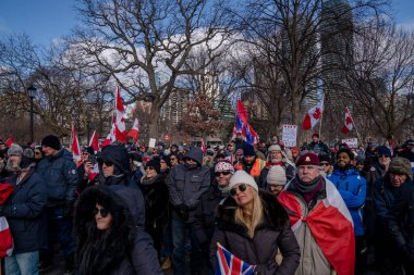 6 Şubat 2022 Toronto Anti Vax protestosu Queens Park 'ta. Kamyon konvoyu protestocuları, zorunlu olmayan gösterilerle dayanışma içinde olmak üzere arka arkaya ikinci hafta sonu için Queen 's Park, Toronto' da toplandılar.. 