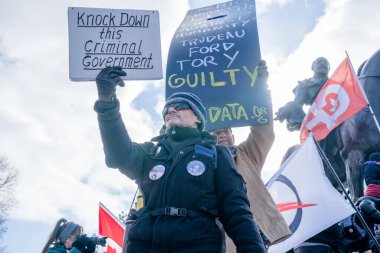 6 Şubat 2022 Toronto Anti Vax protestosu Queens Park 'ta. Kamyon konvoyu protestocuları, zorunlu olmayan gösterilerle dayanışma içinde olmak üzere arka arkaya ikinci hafta sonu için Queen 's Park, Toronto' da toplandılar.. 