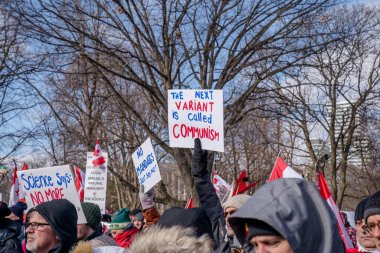 6 Şubat 2022 Toronto Anti Vax protestosu Queens Park 'ta. Kamyon konvoyu protestocuları, zorunlu olmayan gösterilerle dayanışma içinde olmak üzere arka arkaya ikinci hafta sonu için Queen 's Park, Toronto' da toplandılar.. 