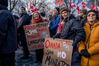 6 Şubat 2022 Toronto Anti Vax protestosu Queens Park 'ta. Kamyon konvoyu protestocuları, zorunlu olmayan gösterilerle dayanışma içinde olmak üzere arka arkaya ikinci hafta sonu için Queen 's Park, Toronto' da toplandılar.. 