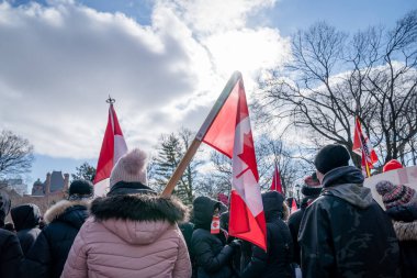 6 Şubat 2022 Toronto Anti Vax protestosu Queens Park 'ta. Kamyon konvoyu protestocuları, zorunlu olmayan gösterilerle dayanışma içinde olmak üzere arka arkaya ikinci hafta sonu için Queen 's Park, Toronto' da toplandılar.. 