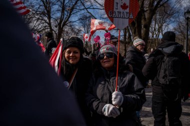 6 Şubat 2022 Toronto Anti Vax protestosu Queens Park 'ta. Kamyon konvoyu protestocuları, zorunlu olmayan gösterilerle dayanışma içinde olmak üzere arka arkaya ikinci hafta sonu için Queen 's Park, Toronto' da toplandılar.. 