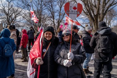 6 Şubat 2022 Toronto Anti Vax protestosu Queens Park 'ta. Kamyon konvoyu protestocuları, zorunlu olmayan gösterilerle dayanışma içinde olmak üzere arka arkaya ikinci hafta sonu için Queen 's Park, Toronto' da toplandılar.. 