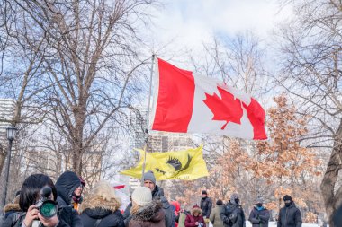 6 Şubat 2022 Toronto Anti Vax protestosu Queens Park 'ta. Kamyon konvoyu protestocuları, zorunlu olmayan gösterilerle dayanışma içinde olmak üzere arka arkaya ikinci hafta sonu için Queen 's Park, Toronto' da toplandılar.. 