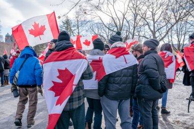 6 Şubat 2022 Toronto Anti Vax protestosu Queens Park 'ta. Kamyon konvoyu protestocuları, zorunlu olmayan gösterilerle dayanışma içinde olmak üzere arka arkaya ikinci hafta sonu için Queen 's Park, Toronto' da toplandılar.. 