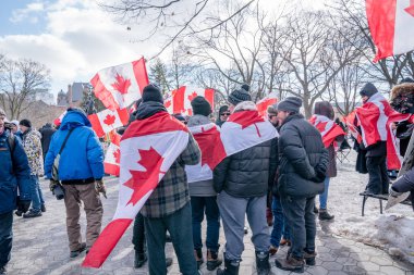 6 Şubat 2022 Toronto Anti Vax protestosu Queens Park 'ta. Kamyon konvoyu protestocuları, zorunlu olmayan gösterilerle dayanışma içinde olmak üzere arka arkaya ikinci hafta sonu için Queen 's Park, Toronto' da toplandılar.. 