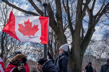 6 Şubat 2022 Toronto Anti Vax protestosu Queens Park 'ta. Kamyon konvoyu protestocuları, zorunlu olmayan gösterilerle dayanışma içinde olmak üzere arka arkaya ikinci hafta sonu için Queen 's Park, Toronto' da toplandılar.. 
