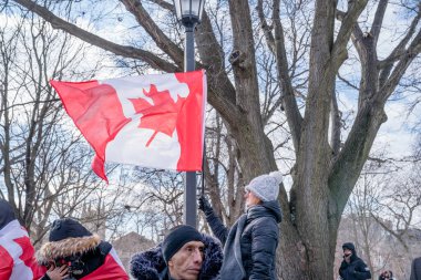 6 Şubat 2022 Toronto Anti Vax protestosu Queens Park 'ta. Kamyon konvoyu protestocuları, zorunlu olmayan gösterilerle dayanışma içinde olmak üzere arka arkaya ikinci hafta sonu için Queen 's Park, Toronto' da toplandılar.. 