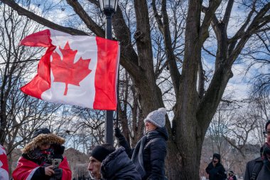 6 Şubat 2022 Toronto Anti Vax protestosu Queens Park 'ta. Kamyon konvoyu protestocuları, zorunlu olmayan gösterilerle dayanışma içinde olmak üzere arka arkaya ikinci hafta sonu için Queen 's Park, Toronto' da toplandılar.. 