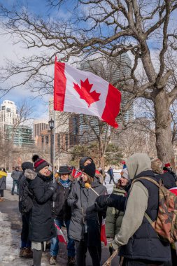 6 Şubat 2022 Toronto Anti Vax protestosu Queens Park 'ta. Kamyon konvoyu protestocuları, zorunlu olmayan gösterilerle dayanışma içinde olmak üzere arka arkaya ikinci hafta sonu için Queen 's Park, Toronto' da toplandılar.. 