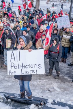 6 Şubat 2022 Toronto Anti Vax protestosu Queens Park 'ta. Kamyon konvoyu protestocuları, zorunlu olmayan gösterilerle dayanışma içinde olmak üzere arka arkaya ikinci hafta sonu için Queen 's Park, Toronto' da toplandılar.. 