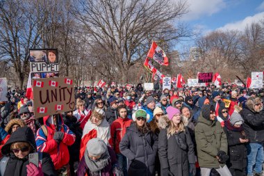 6 Şubat 2022 Toronto Anti Vax protestosu Queens Park 'ta. Kamyon konvoyu protestocuları, zorunlu olmayan gösterilerle dayanışma içinde olmak üzere arka arkaya ikinci hafta sonu için Queen 's Park, Toronto' da toplandılar.. 