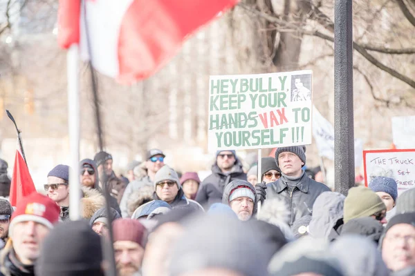 6 Şubat 2022 Toronto Anti Vax protestosu Queens Park 'ta. Kamyon konvoyu protestocuları, zorunlu olmayan gösterilerle dayanışma içinde olmak üzere arka arkaya ikinci hafta sonu için Queen 's Park, Toronto' da toplandılar.. 