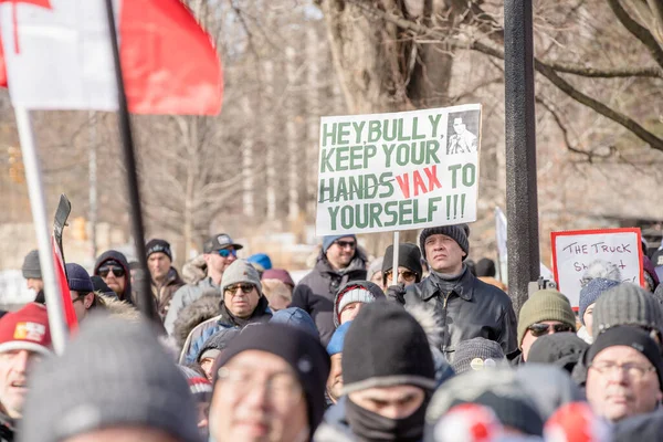 6 Şubat 2022 Toronto Anti Vax protestosu Queens Park 'ta. Kamyon konvoyu protestocuları, zorunlu olmayan gösterilerle dayanışma içinde olmak üzere arka arkaya ikinci hafta sonu için Queen 's Park, Toronto' da toplandılar.. 