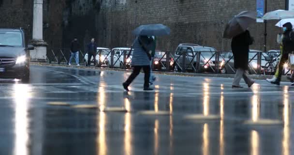 Roma Italia Noviembre 2021 Gente Ciudad Cruza Calle Protegiéndose Lluvia — Vídeos de Stock