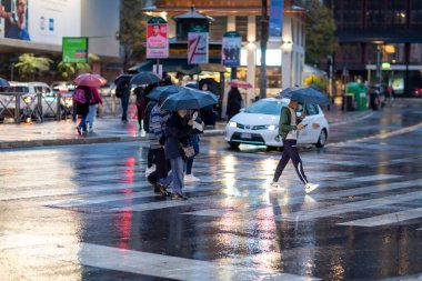 Roma, İtalya - 14 Kasım 2021: Şehirde insanlar kendilerini şemsiyelerle yağmurdan koruyorlar. Yağmurdaki vatandaşlar.