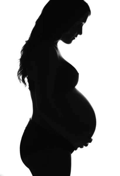 Profile Pregnant Woman Swollen Belly Pregnancy Young Woman Profile Backlight Stock Photo