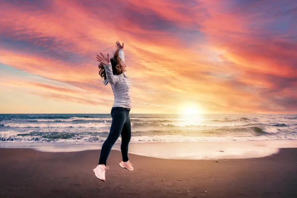 Girl Jumps Joy Sunset Beach Sea Concept Happiness Beauty Nature — Stock Photo, Image