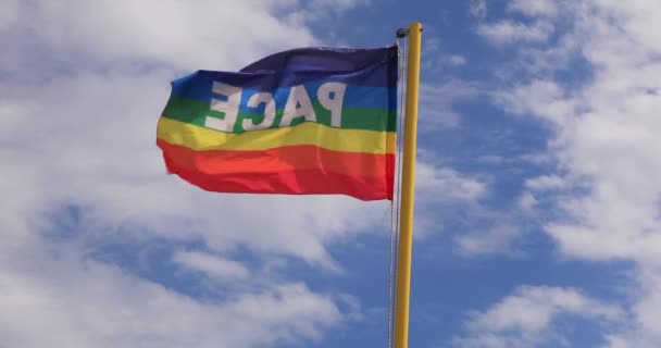 Flaggan Färgerna Fred Fladdrar Mot Bakgrund Molnig Blå Himmel Symbol — Stockvideo