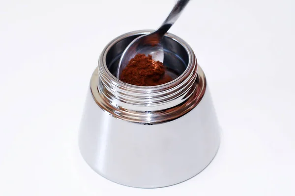 Homemade Preparation Coffee Mocha Step Three Fill Container Ground Coffee — Stock Photo, Image