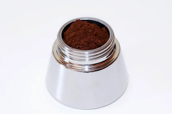 Homemade Preparation Coffee Mocha Step Three Fill Container Ground Coffee — Stock Photo, Image