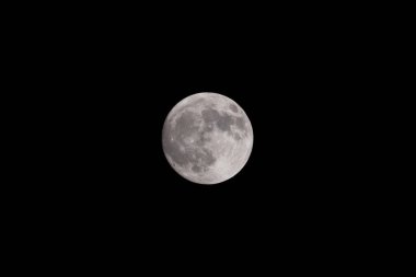 Close-up of the bright full moon in the night. On the lunar surface the seas; the flat areas and the lunar craters are clearly visible.
