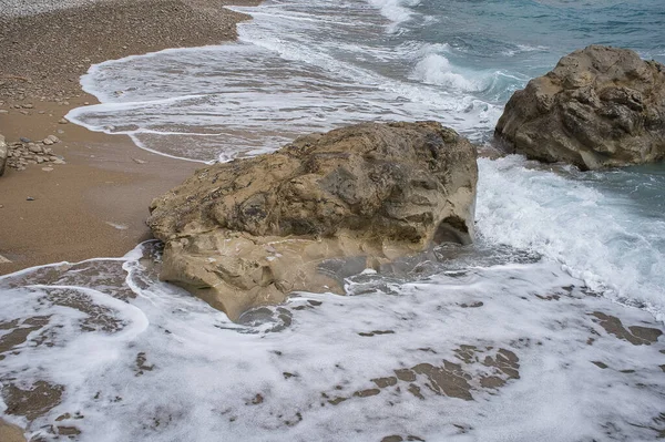 Beach Rocks Waves Foam Town Campello Alicante Province Spain View — Stock Photo, Image