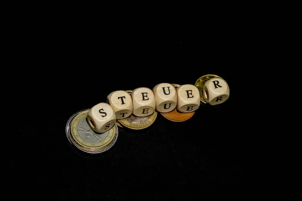 L'iscrizione sui cubi, la parola TAX in lingua tedesca sui cubi di texture in legno con monete intorno — Foto Stock