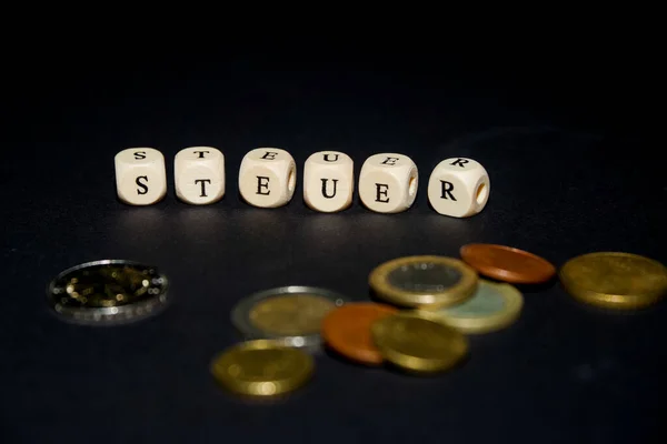 Die Inschrift auf den Würfeln, das Wort TAX in deutscher Sprache auf den Holzwürfeln mit Münzen drumherum — Stockfoto