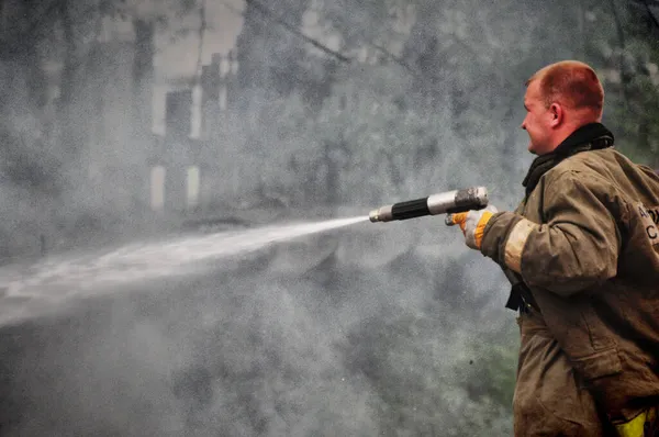 Barnaul Rusia Mayo 2019 Bomberos Con Inscripción Espalda Ruso Protección —  Fotos de Stock