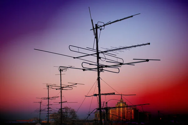 Television Antennas Electric Wires Background Evening Sunset Sky — Stock Photo, Image